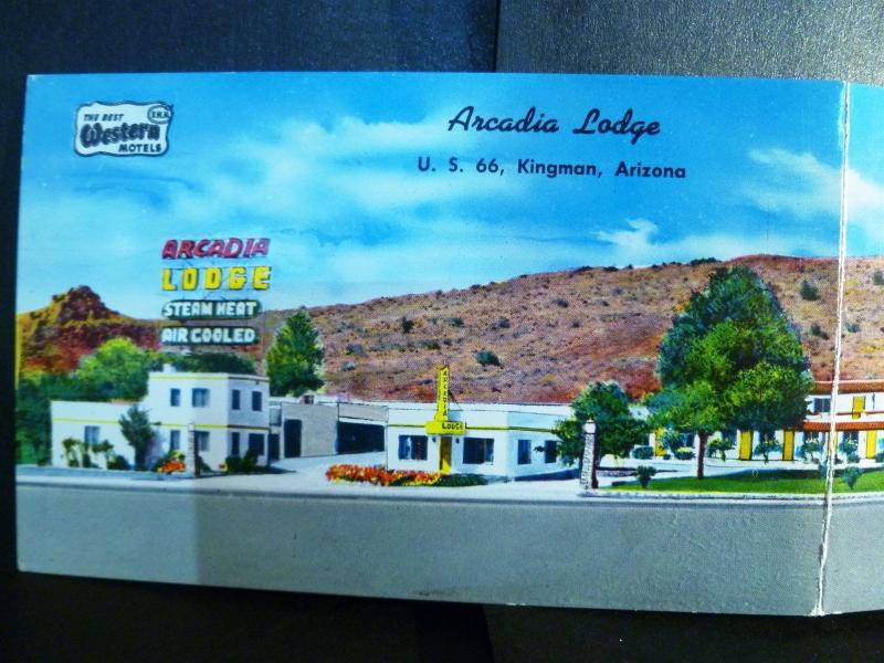 Postcard AZ Kingman Arcadia Lodge Motel c1950s Route 66 Double Folding C37