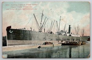 GA Savannah Georgia Tramp Steamer Loading Cotton At Port c1910 Postcard C32