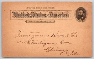 1890s Montgomery Ward  Chicago Illinois  Postal Card  Postcard