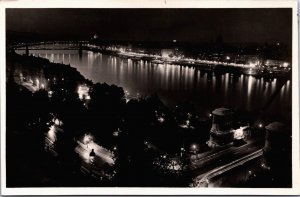 Hungary Budapest Panorama of the Danube by Night Vintage RPPC C094