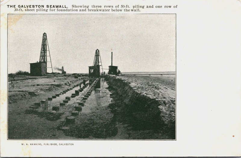 Texas The Galveston Seawall Showing Three Rows of 50-ft Piling Postcard C055