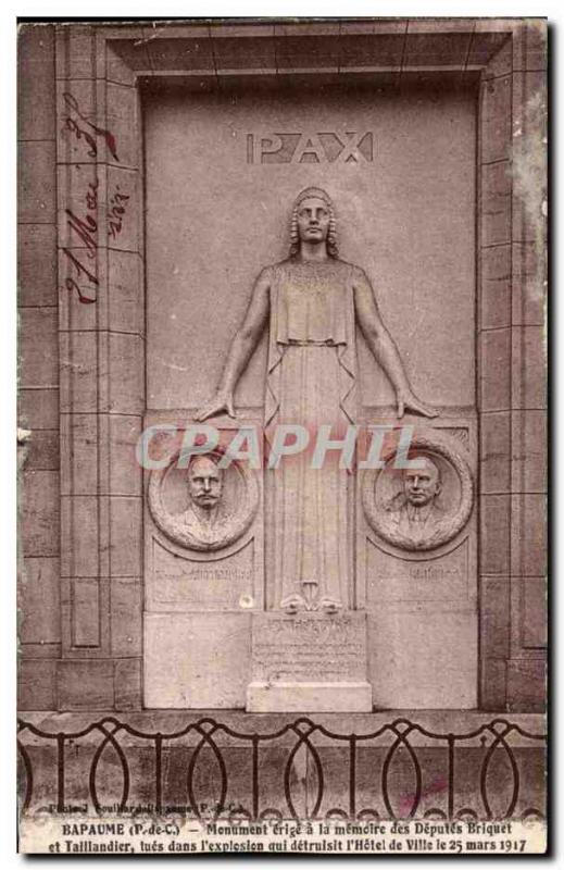 Postcard Former Bapaume Monument erected to the memory of Deputies Briquet Ta...