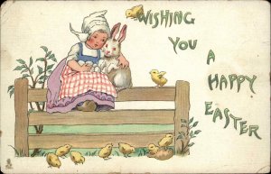 Tuck Dutch Children Snuggling White Rabbit c1910 Vintage Postcard