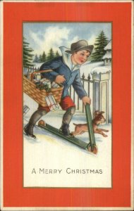 Christmas - Boy Delivering Gifts w/ His Dog - Scotter c1915 Whitney Postcard