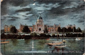 Victoria BC Government Buildings Harbour Night c1907 Duplex Cancel Postcard E82