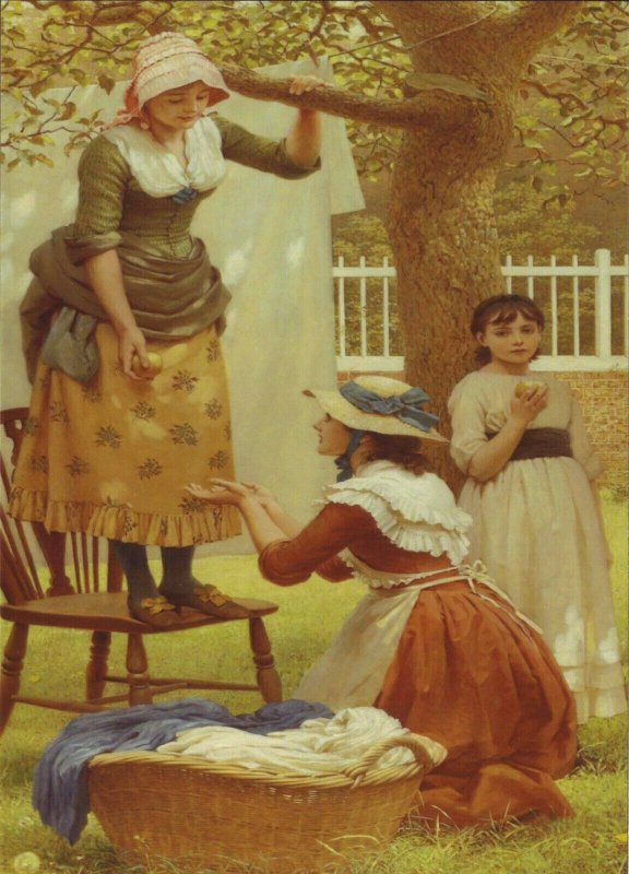 Pretty young Woman hang laundry in Garden by George Leslie NEW Modern Postcard