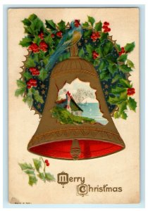 Vintage 1910's Christmas Bells Holly Gold Bird Cottage Embossed Antique Postcard 