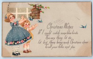 Christmas Postcard Wishes Children Birds Cage Holly Berries Sheffield IL c1910's