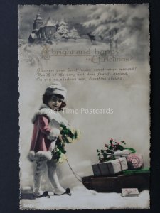 Christmas Greeting LITTLE GIRL WITH SLEDGE FULL OF PRESENTS c1908 RP Postcard