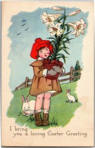 Easter Greeting, Girl Carrying Tall Lily in Pot, Rabbits Vintage Postcard B30