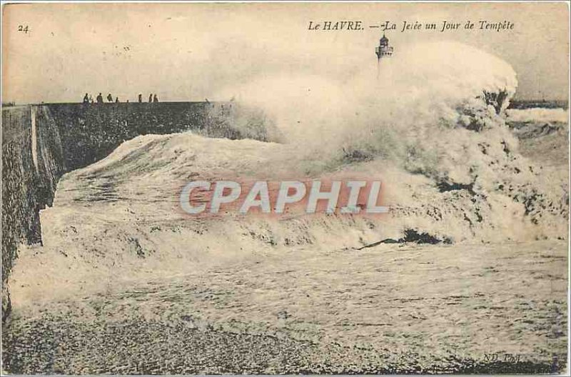 Old Postcard Le Havre La Jetee a Storm Lighthouse Day