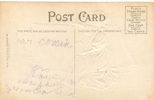 Embossed New Year Postcard Woman With Large Winter Picture Church Series 626