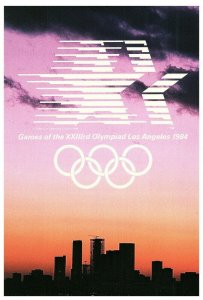 Postcard 1984 Olympics, Los Angeles, California Sunset Skyline Olympic Rings