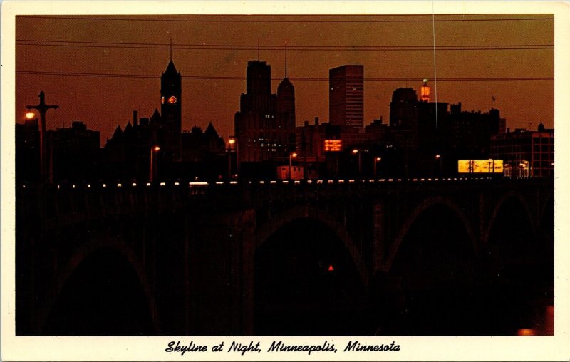 Skyline Night Minneapolis Minnesota MN Postcard VTG UNP Curteich Vintage Unused 