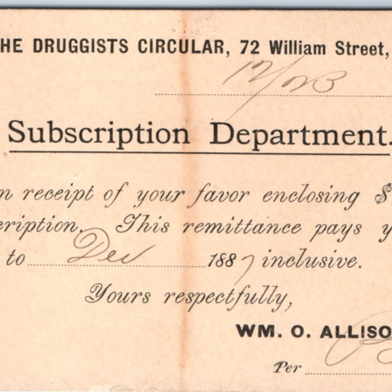 1886 NYC Druggists Circular Magazine Subscription Receipt Form PC Muscatine A157