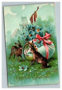 Vintage 1911 Easter Postcard Cute Bunnies Giant Egg in Pink Bow Blue Flowers