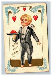 Vintage 1910's Valentines Postcard Cupid in Tuxedo with a Heart on a Platter