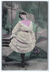 c1910's Pretty Woman Dress Swing Flowers Europe RPPC Photo Antique Postcard 