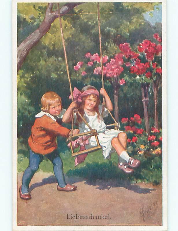 Pre-Linen foreign signed CUTE EUROPEAN GIRL GETS PUSH ON TREE SWING J4592