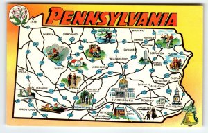 Greetings Pennsylvania Map Postcard Chrome State Flower Mountain-laurel Unused