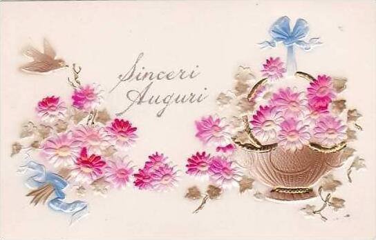 Best Wishes Sincere Auguri Dove With Basket Of Flowers Embossed