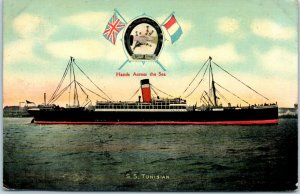 1900s SS Tunisian Allan Line Steam Ship Hands Across the Sea Postcard