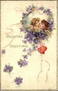 Valentine Fantasy Little Boy and Girl Cupids Cuddling c1910 Vintage Postcard