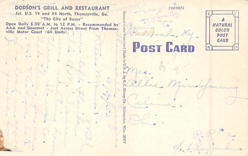 Georgia Ga Postcard '53 Roadside THOMASVILLE Dodson's Grill and Restaurant Linen