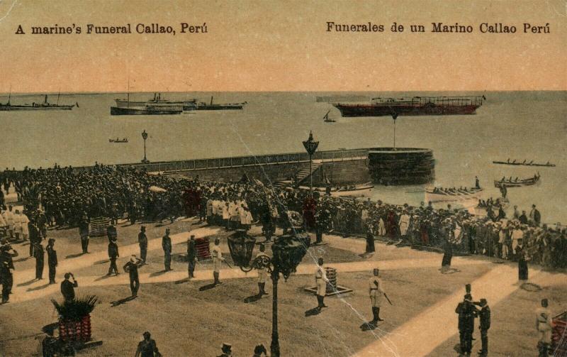 MARINE'S FUNERAL CALLAO PERU 1919 ANTIQUE POSTCARD w/ STAMP