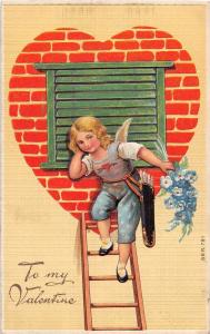 E36/ Valentine's Day Love Holiday Postcard c1910 Cupid Brick Wall Flowers 2