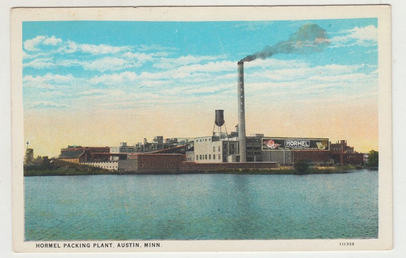 P2973, old postcard river view of homel packing plant austin minn, unused