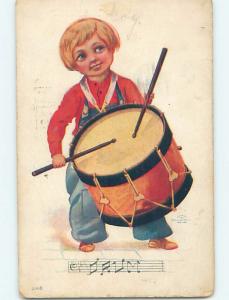 Pre-Linen FANTASTIC LARGE VIEW OF BOY PLAYING DRUM MUSIC HL5508