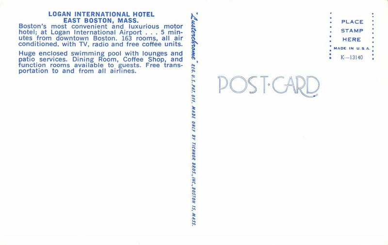 East Boston Massachusetts 1960s Postcard Logan International Hotel Room & Pool