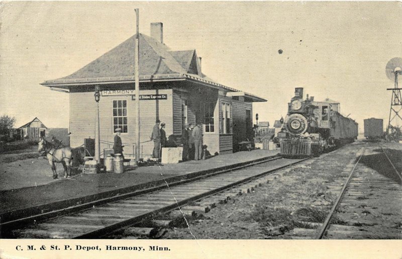 H11/ Harmony Minnesota Postcard c1910 CM&STP Railroad Depot Locomotive