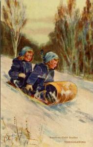 Signed Child Studies Tobogganing Postcard