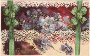 Vintage Postcard 1910's Congratulations Flowers and Green Ribbon Greetings