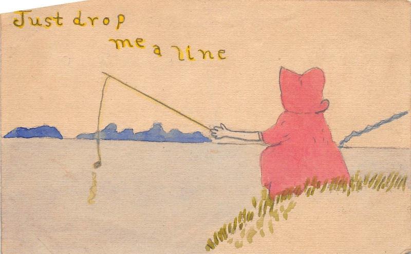 B82/ Art Hand-Drawn Postcard Artistic Original c1920 Girl Fishing Line 4