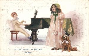 \Girl and dog. Singing a duet\ Antique English postcard