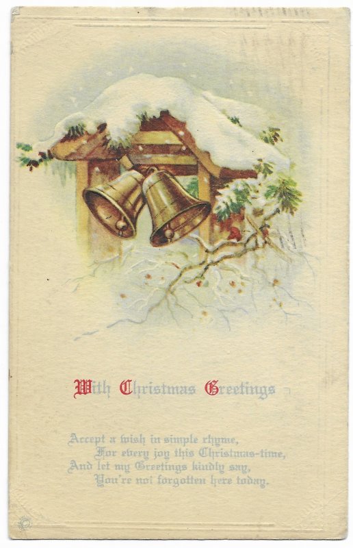 US Embossed Christmas Card. old penny card used and stamped. mailed 1921.