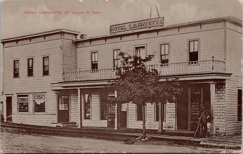 Hotel Lafayette St. John ND North Dakota Man with Broom c1911 Postcard E53 