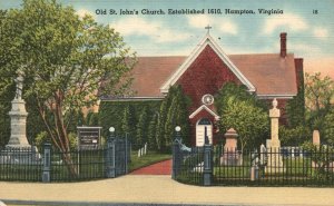 Vintage Postcard 1945 Old St. John's Church Established 1610 Hampton Virginia VA