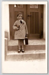 RPPC Sweet Little Girl With Suitcase On Doorstep Real Photo Postcard T21