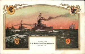 New York City Meyer's Woolworth Rathskeller Panel c1910 Postcard BATTLESHIPS
