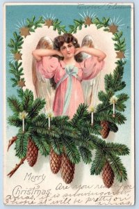 1906 MERRY CHRISTMAS ANGEL PINECONES CANDLES VICTORIAN EMBOSSED POSTCARD