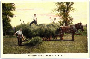 VINTAGE POSTCARD FARMERS PITCHING HAY NEAR OHIOVILLE NEW YORK MAILED 1911