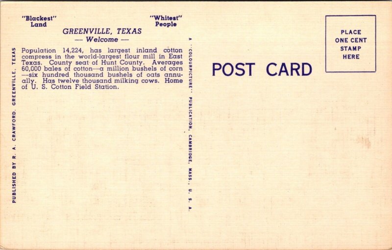 Linen Postcard United States Post Office in Greenville, Texas