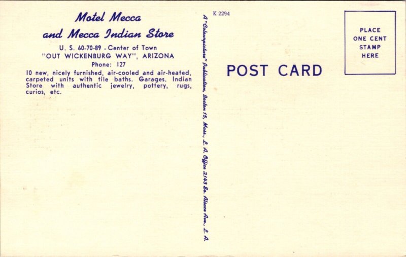 Linen Postcard Haven of Rest Motel Mecca US 60, 70, 89 in Wickenburg, Arizona