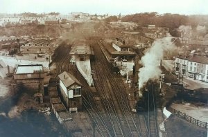 Vtg Repro Postcard Bangor Station Aerial View Showing Steam Train Loco Leaving