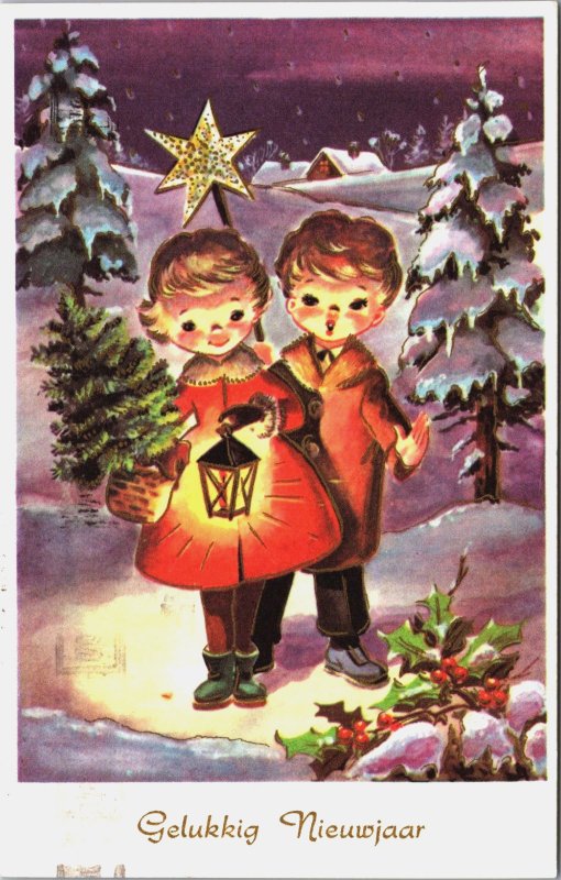 Happy New Year Children With Lampion Vintage Postcard C182