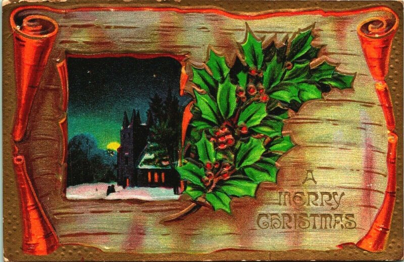 Night Winter Church Scene Holly A Merry Christmas Embossed 1910 Postcard